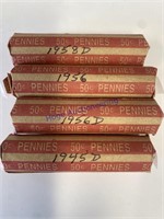 4 ROLLS WHEAT CENTS-1945D,1956,1956D,1958D