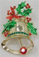Christmas Bell Brooch w/ Rhinestone Accents
