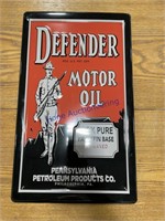 DEFENDER MOTOR OIL TIN SIGN-APPROX 19"TX11.5"W