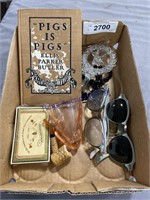 GLASSES, PIGS IS PIGS BOOK.PLAYING CARDS,MINI PIPE