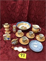 Gold Luster Bowl, Cups & Saucers, Pitcher, Flasks