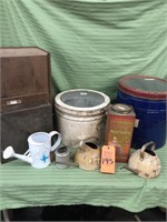 Antique Tin Store Canisters, File Box