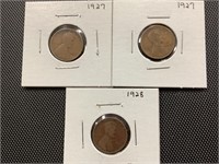 1928, 1927 and 1927 Wheat Cents