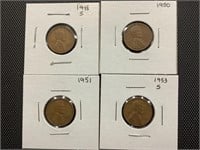 1945 - S, 1950, 1951, and 1953 - S Wheat Cents