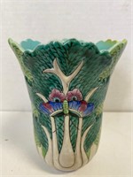 Qianlong Signed 6” Asian Orchid Butterfly Vase