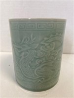 Signed Asian Celadon Dragon Vase