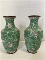 Pair Chinese Green White Enamel Metal Vases