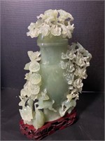 Large 14” Carved Jade Lidded Vase Sculpture