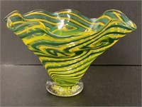 Fluted Green & Yellow Signed Art Glass Bowl