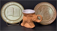 Frankoma Pottery Two Trivets, One 1980 GOP Mug