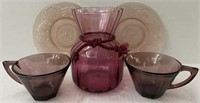 CRANBERRY GLASS VASE 2 CUPS 2 PINK PLATES
