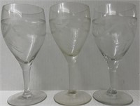 3 1940s ETCHED CRYSTAL WINE GLASSES