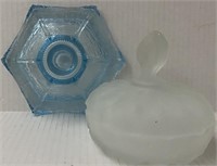 FROSTED CANDY DISH BLUE GLASS CANDLE HOLDER