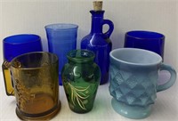 7 PIECE COLORED GLASS COBALT AMBER BLUE CUP