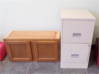 TWO DRAWER METAL FILE CABINET & UPPER WOODEN....
