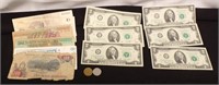 (6) UNITED STATES $2.00 BILLS, FOREIGN CURRENCY...