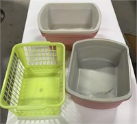 7 small plastic tubs and a plastic basket
