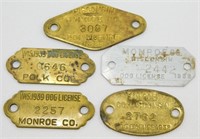 Lot of 5 Vintage Dog License Tags: Brass, Etc. -