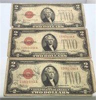 1928C & (2) 1928D Red Seal $2 bills