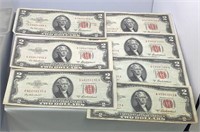 (7) 1953 A Red Seal $2 bills
