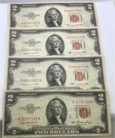 (1) 1953 & (3) 1953B Red Seal $2 bills