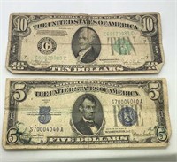 1934D $5 bill & 1934C $10 bill