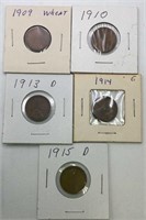 (5) wheat pennies in 2x2's-1909,10,13D, 14 & 15D
