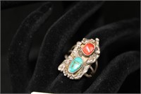 VTG TURQ AND CORAL SILVER RING SIZE 6
