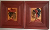 2 ORIENTAL PAINTED COPPER PRINTS RED FRAMES