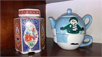 Dolphin china jar, snowman tea pot & cup