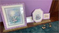 Lavender framed wall art, metal leaves lot