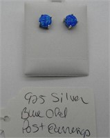 925 Silver Blue Opal Post Earrings