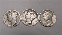 Three Mercury Dimes (1924-1930-1945)