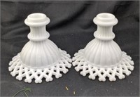 Two milk glass candlestick holders base 6 in