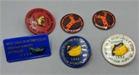 Six vintage sportsman's pins hunting and fishing
