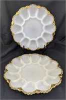 Two gold trim milk glass oyster plates good