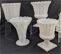 Four pieces of milk glass compote and planter o