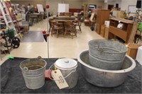 Galvanized Buckets, pans and tea pot