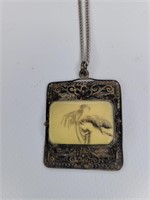 Antique SLVER Silver Ivory Scrimshaw Necklace