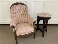 Victorian Upholstered Arm Chair & Marble Top Stand