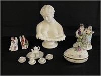 Tray Lot - Ceramic Figurines, Covered Egg, Tea Set
