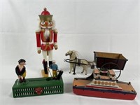 Tin and Cast Iron Toys and Wooden Nut Cracker