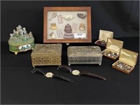 Dresser Boxes, Music Box, Cuff Links & Watches