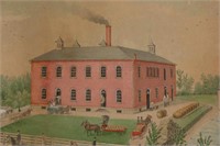 Detail of a19th-century American folk art watercolor of brewery, newly discovered in a Maryland estate