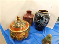 LOT - COVERED DISH, VASE, POTTERY PIECE