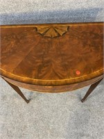 FLAMED MAHOGANY INLAID HALF ROUND CONSOLE TABLE