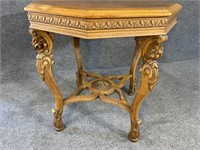 CARVED AND INLAID MAHOGANY OCTAGONAL TABLE