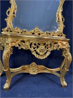 EXTRA LARGE GOLD MARBLE TOP CARVED CONSOLE AND