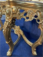 EXTRA LARGE GOLD MARBLE TOP CARVED CONSOLE AND