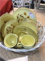 Basket of vintage yellow dishes